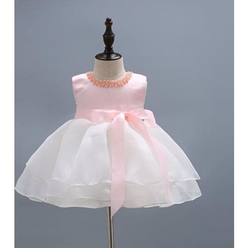 New baby girl dress pink necklace ball gown girls birthday party dress big bow white layered yarn tutu vestido infantil 3-24M