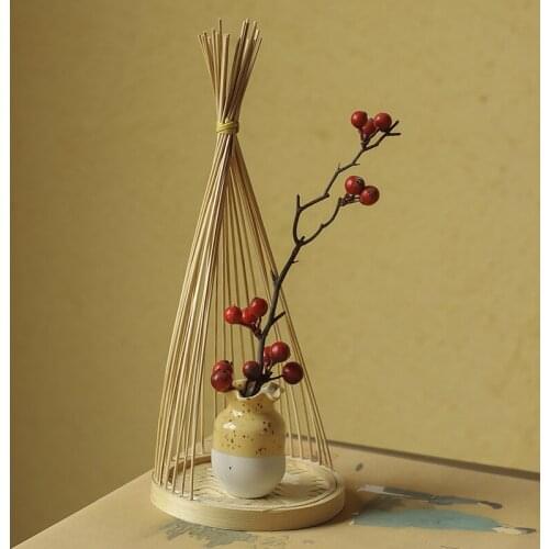 Handmade Bamboo Woven Small Flower Table Porcelain Vase Decorative Ornaments Flower Arrangement Ware Flower Ware