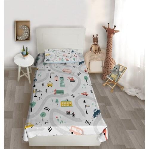 Çocuk odası yatak örtüsü yol araba ağaç kamyon