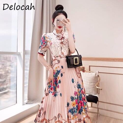 Delocah Summer Women Fashion Designer Midi Dress Short Sleeve Gorgeous Lace Hollow Out Floral Print Ladies Party A-Line Dresses