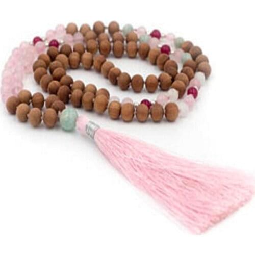 8mm Wood Bead pink Crystal gemstone Mala necklace 108 Beads chain Unisex yoga cuff natural Reiki pray Wrist MONK Buddhism
