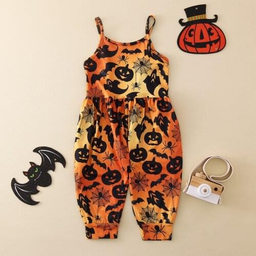 Summer Kids Romper Toddler Girls Baby Kids Autumn Cartoon Halloween Pumpkin Sleeveless Jumpsuit Strap Romper Child Outfits