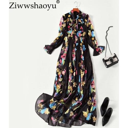 Ziwwshaoyu Europe and America 2018 autumn long dress Bohemian A-Line Print Bow Lantern Sleeve Big pendulum Long dress