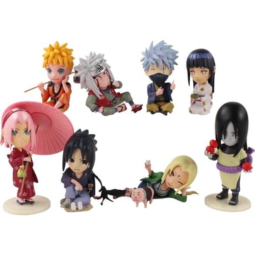 8pcs/Set 4-10cm Naruto Shippuden Anime Sakura Sasuke Orochimaru Tsunade Kakashi with Umbrella Mini Action Figure Model Toys Gift