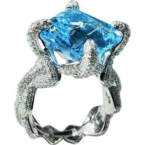 Europe America Fashion Jewelry Inlay Square Blue AAA Zircon Geometry Chain Rings For Women Wedding Party Luxury Birthday Gift