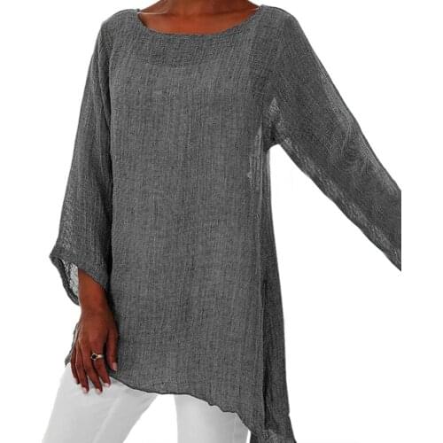 Plus Size Fashion Women T-shirts Casual Loose Solid Color Linen O-Neck Long Sleeve Irregular Tunic Tops Autumn Women Clothing
