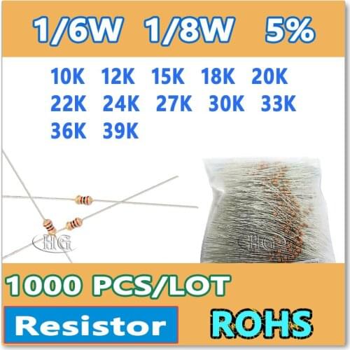 JASNPROSMA 1000PCS/LOT 5% 1/6W 1/8W 10K 12K 15K 18K 20K 22K 24K 27K 30K 33K 36K 39K carbon film DIP OHM Color ring Resistor New
