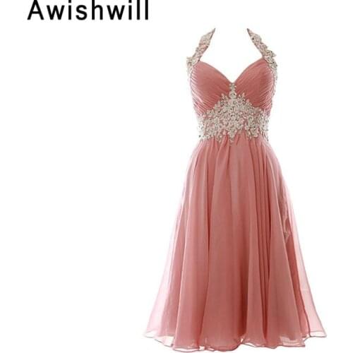 Fashionable Backless Short Party Dress Pageant Occasion Halter Beading Appliques Chiffon Women Evening Dress Gowns Custom Made