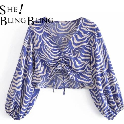 SheBlingBling Za 2021 Fashion Tra Women Blouses Blue Shirts Off Shoulder Crop Tops Floral Print Casual Drawstring Blouses Female