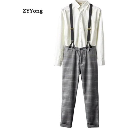 Mens Bib Overalls Business Leisure Gray Lattice Suit Pants Large Size Elegant Gentleman Style Slim Jumpsuits Office Trousers