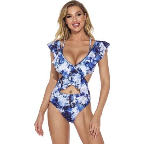 2021 New Fashion Ladies Printed Swimsuit Sexy Tight Backless V-neck Cross Lace Ruffled Split Swimsuit Swimsuit Bikini Set