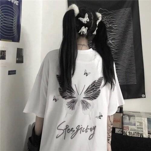 2021 Summer new Harajuku T-shirt goth dark black bf butterfly print short-sleeved top unisex Korean oversize preppy style shirt