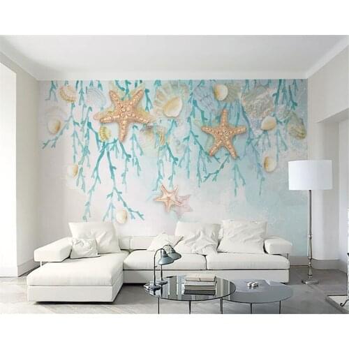 Beibehang Custom wallpaper mural blue shells starfish coral watercolor 3d stereo TV background wall wallpaper for living room