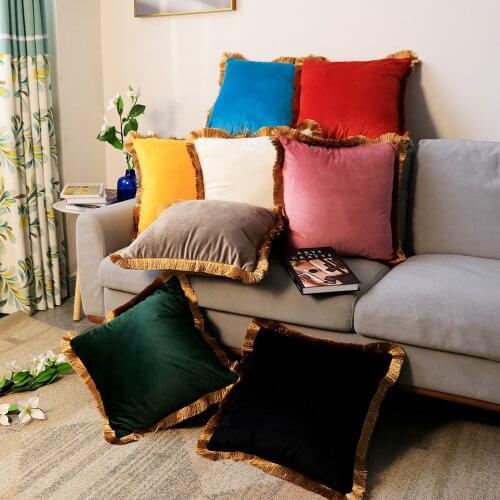 45x45cm solid color velvet cushion cover with golden tassel fringes sofa square pillow covers pillowcase