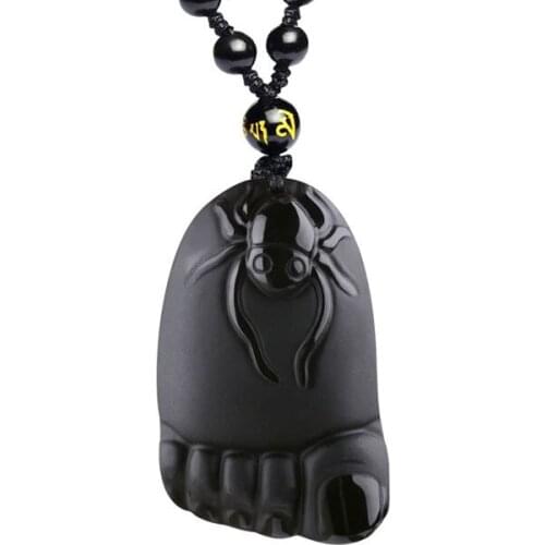 Natural Black Obsidian Foot Jade Pendant Necklace Chinese Carved Fashion Charm Jewellery Accessories Amulet for Men Women Gifts