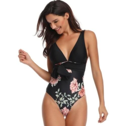 Casual Print Halter One-piece Swimsuit Sexy Deep V-neck Women Monokini 2021 Summer Beach Bathing Suit Swimwear