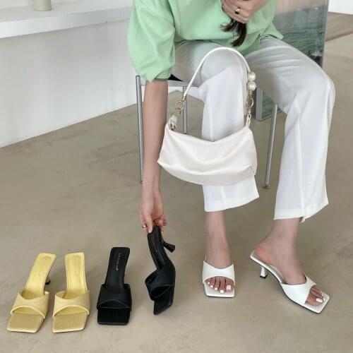 Shoes Shallow Slippers Women Summer Thin Heels Beige Heeled Sandals Pantofle Slides Low Black High 2021 PU Rome Fabric Basic Rub