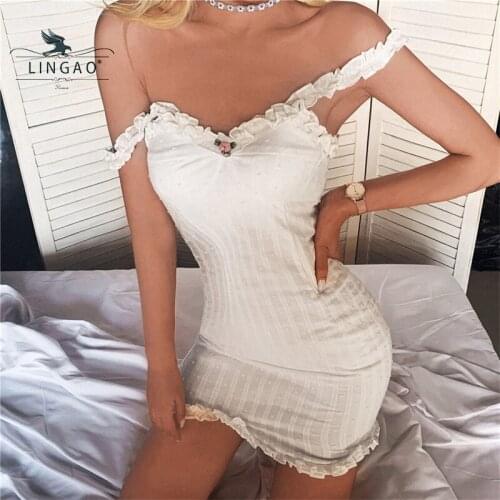 Sexy White Lace Dresses Elegant Mini Women Package Hip Bodycon Slim Soft Party Halter Floral Sweet Dresses 2021 Holiday Summer