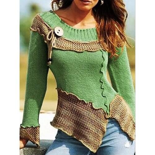 Vintage Patchwork Sweater Pullover Female Clothing Long Sleeve Button Autumn Winter Jumper O-neck Skinny Women Knitted Pullovers