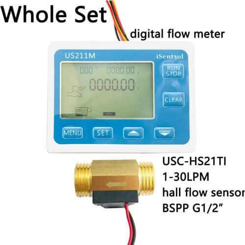 US211M Digital Water Flow Meter Hall Water Flow Sensor Reader with Brass USC-HS21TI 1-30L/min hall water flowmeter iSentrol Saie
