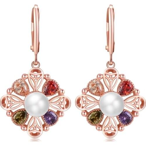 YJGS Luxury Rose Gold Flowers Female AAA Zircon Hoop Pendientes Fashion Inlaid Pearl Jewelry Dangle Earrings Gifts Wedding Party