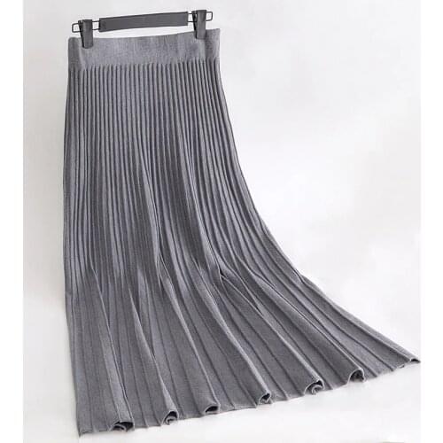 GIGOGOU Womens Elegant High Waist Knitted Sweater Maxi Skirt Winter Ladies Pleated Elastic Waist Midi Skirts Saia Feminina