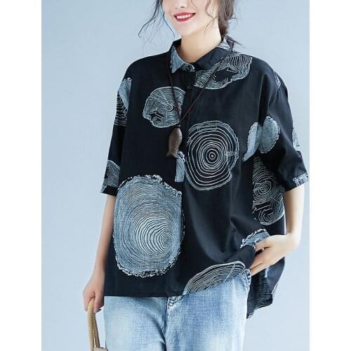 Johnature Korean Large Size Womens Slim Shirt 2021 Autumn New Loose Comfortable Printed Cotton And Linen Lapel Tide Shirt Tops