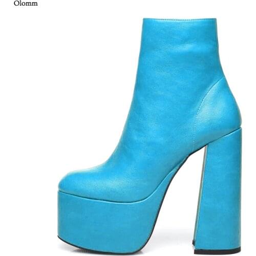 Olomm Handmade Women Winter Ankle Boots Pu Matte Chunky High Heels Round Toe Gorgeous 12 Colors Party Shoes Plus Size 35 47