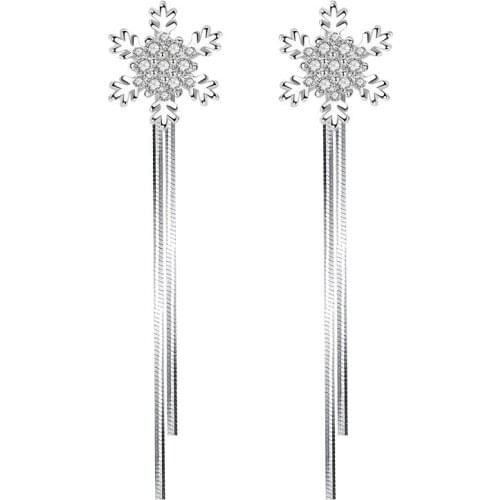 925 Sterling Silver Fashion Shiny Crystal Snowflake Long Tassel Stud Earrings for Women Jewelry Gift Hot Sale Wholesale
