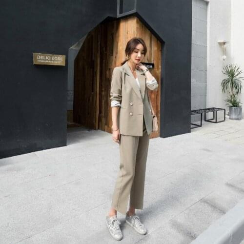 2019 ladies suit autumn new fashion double-breasted solid color suit casual slim straight nine pants two sets of wild women