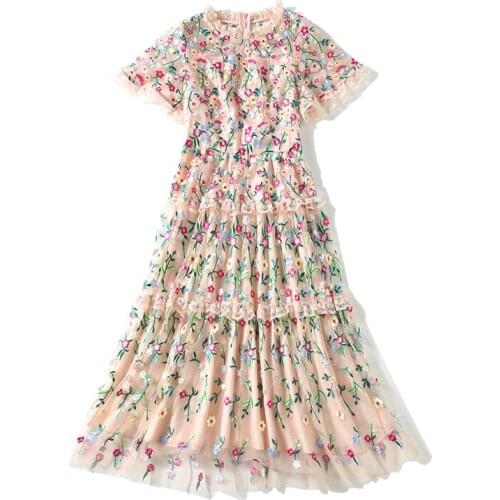 2021 New Summer Women Elegant Evening Party Dress High Quality Sweet Flowers Embroidery Lace Patchwork Mesh Long Dress