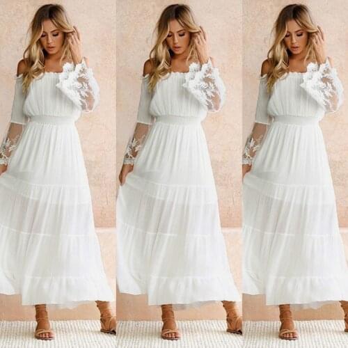 Women Lace Bohemian Dress Fashion Sexy Strapless White Wedding Party Dress Elegant Female Bridesmaids Holiday Maxi Dress Vestido