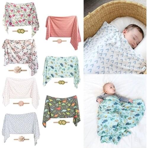 2 Pcs Newborn Swaddle Wrap+Headband Set Baby Pure Cotton Receiving Blanket Sleeping Bag Hair Band Kit Infants Boys Girls Shower