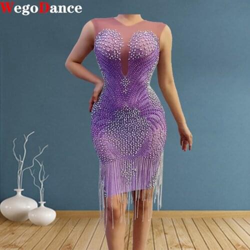 Sparkly Silver Rhinestones Fringe Transparent Dress Women 's Birthday Mesh Sleeveless Bar Dancer