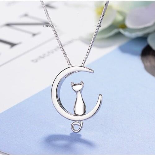 Bohemian Vintage Silver Color Moon Cat Necklaces For Women Lady Jewelry Long Choker Necklace Christmas Gift