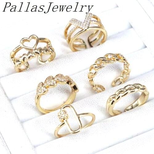 10Pcs Gold Color Rings For Women Adjustable Mix Style Cuff Open Rings Pave CZ Cubic Zirconia Wholesale Jewelry Gifts