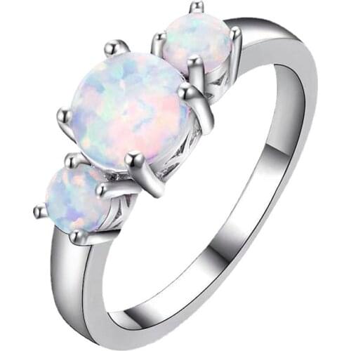 Milangirl Fashion Round Stone Female White Fire Opal Ring for Women Silver Color Ring Rainbow Birthstone Engagement Fine Jewelry