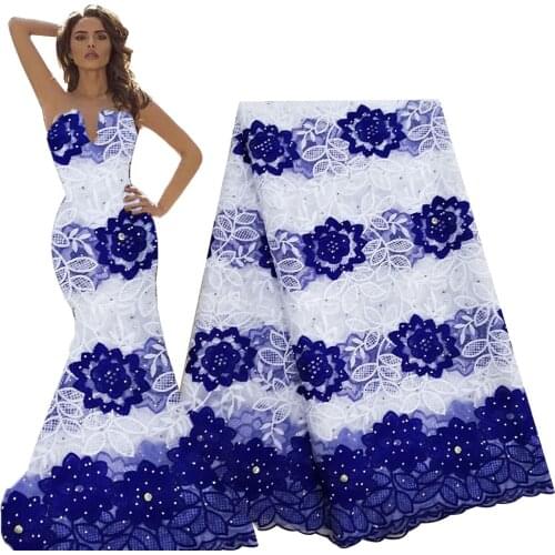 Royal blue+White African Lace Fabric 2020 High Quality French Mesh Lace Fabric Stones Nigerian Milk Silk Lace Fabrics For Dress