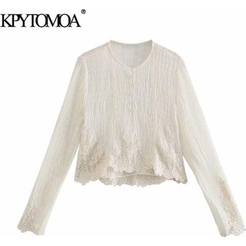 KPYTOMOA Women 2021 Fashion Lace Appliques Linen Cropped Blouses Vintage Long Sleeve Button-up Female Shirts Blusas Chic Tops
