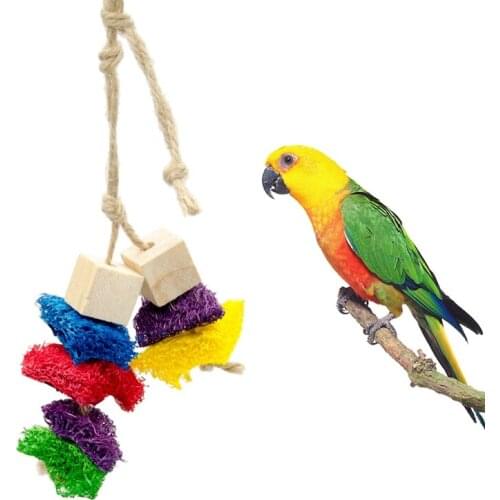 Colorful Bird Parrot Chewing Toy Wooden Natural Bird Block Toy Parakeet Playing Toy Hanging Loofah Rope Toy For Parrot Birds