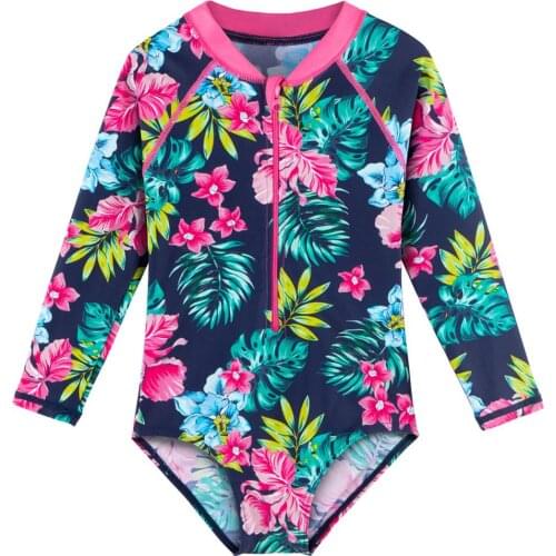 BAOHULU Navy Floral Girls Swimwear Kids Long Sleeve One Piece Beach Swimming Suit Teen Swimsuit Girl with Zipper Bathing Suit