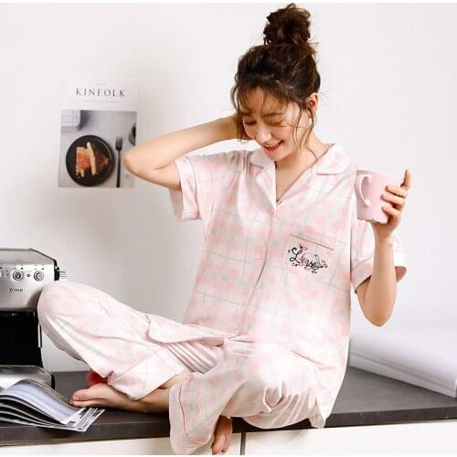 Summer Short Sleeve Long Pants Pajama Sets Plus Size M-3XL Women Print Sleepwear Femme Loungewear Homewear Pijama Mujer Clothes