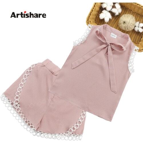 Summer Clothes For Girls Plaid Vest + Short Tracksuits For Girls Lace Kids Girl Clothes Set Casual Style Childrens Clothing