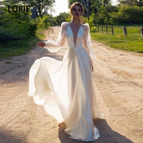 LORIE Satin Beach Wedding Dresses Sexy V-Neck Lace Bridal Gowns Long Sleeve illusion Open Back Bohemian Bride Dress Plus Size