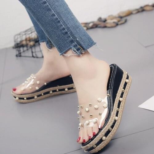 Fashion Pearls Wedges Heel Shoes Women Slipper Sandals Platform Shoes Woman Sandalia Transparente Womens Sandals Shoes