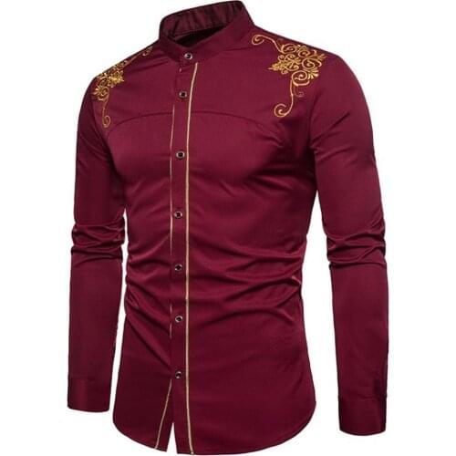 80%HOT Men Fashion Embroidery Flower Button Stand Collar Long Sleeve Shirt Blouse Top