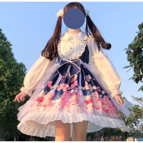 Original Japanese Lolita Long Sleeves Inner Wear Shirt JSK Suspender Dress for Children Autumn Fairy Dress Sweet Lolita Dress