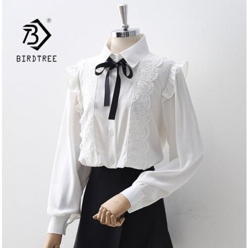 Autumn Women Vintage Lantern Sleeve White Chiffon Blouse Button Up Elegant Shirts Fall Spring Bow Tie Tops Office Wear T17616F