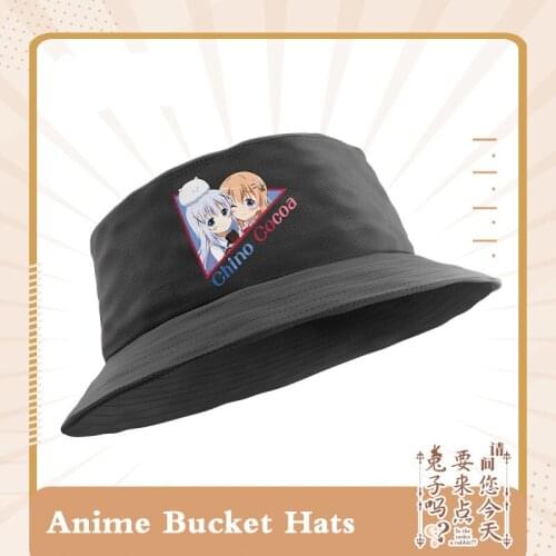 Anime Is The Order A Rabbit Cosplay Bucket Hats Black Unisex Cap Kafuu Chino Pattern Cotton Sunhat