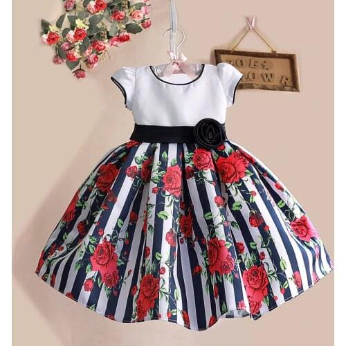 1-6Y Floral Print Baby Girls Dress Black Striped Rose Cotton Kids Dresses for Party Birthday kinderkleding meisjes